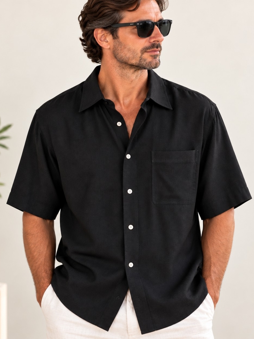 Men's Black 100% Silk Short Sleeve Shirt L Quiet Luxury Resortwear Old Money